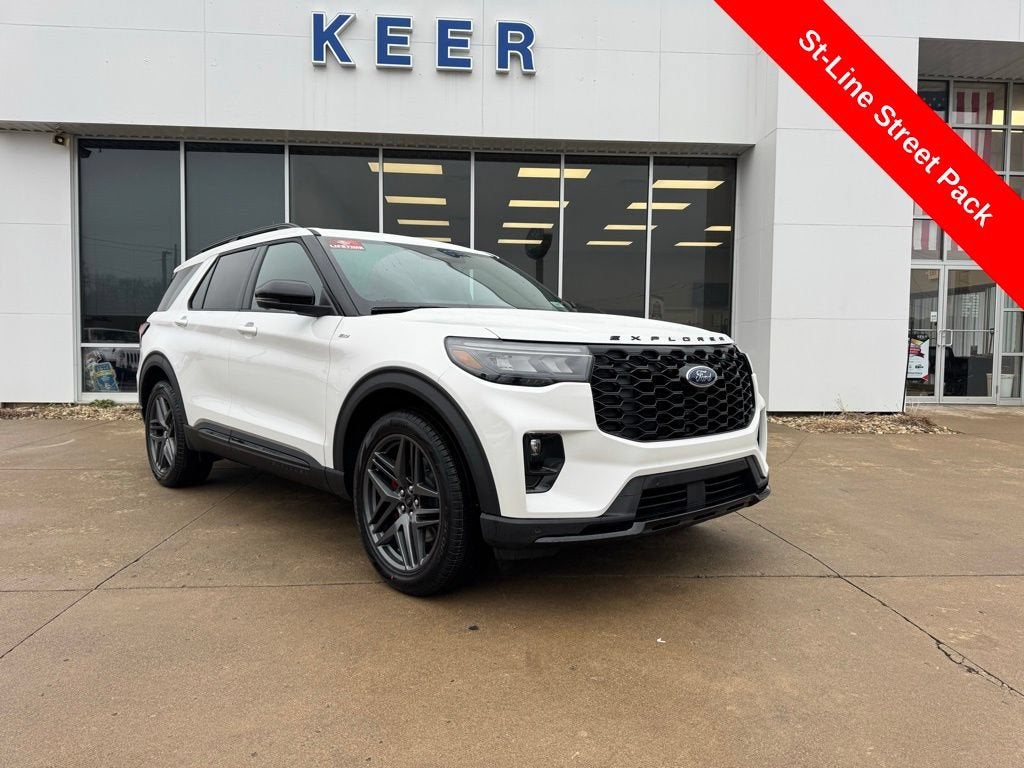 2026 Ford Explorer ST-Line in Star White Metallic Tri-Coat — front three-quarter view